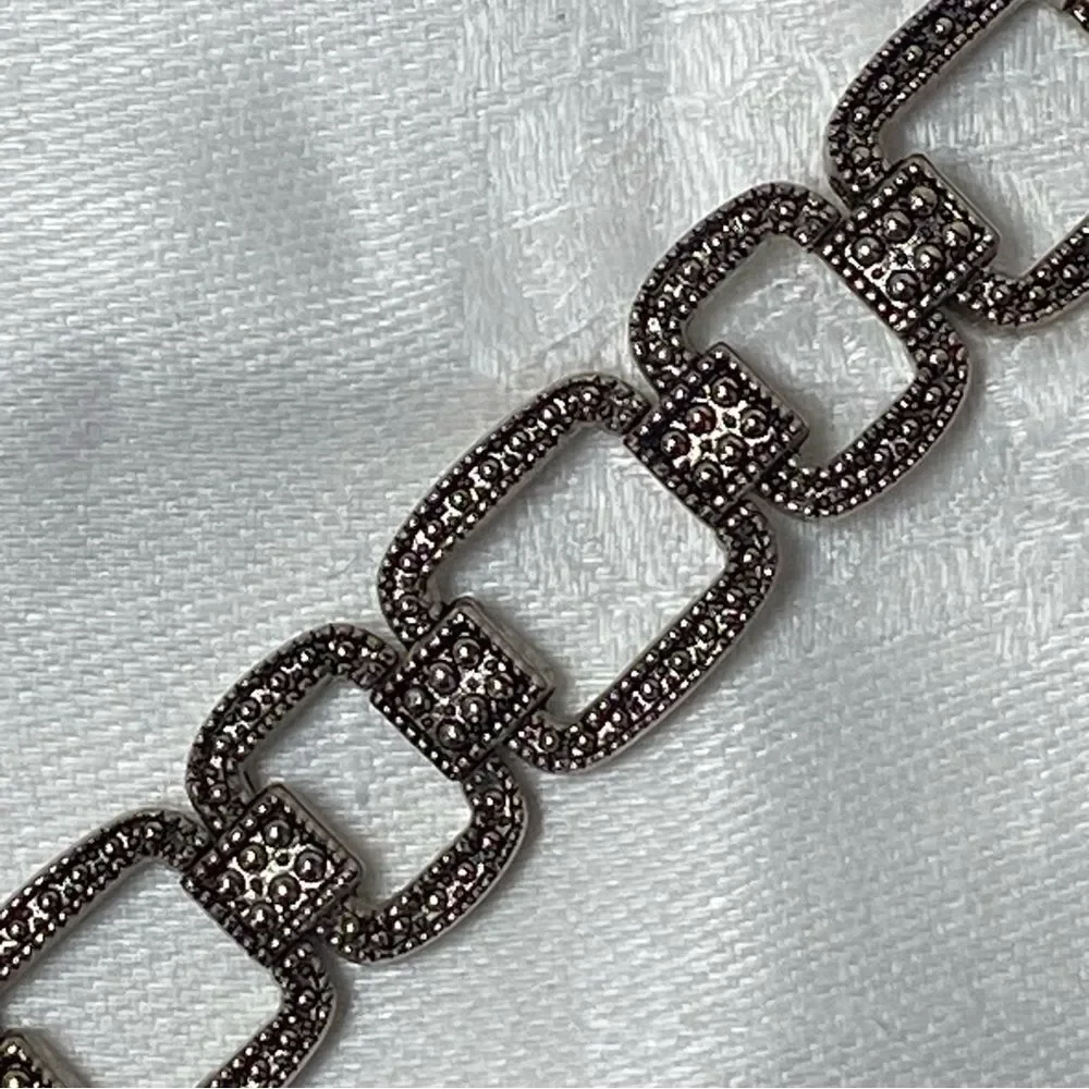 Art Deco Style Antiqued Silver Tone Faux Marcasite Rectangle Link Chain Bracelet